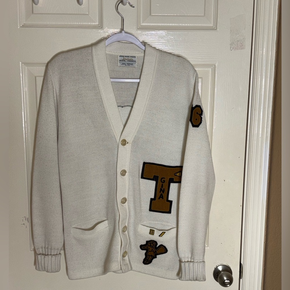 1960s Vtg High School Kitted White Gold Gina T Letterman Medium Cardigan​ - Picture 9 of 9